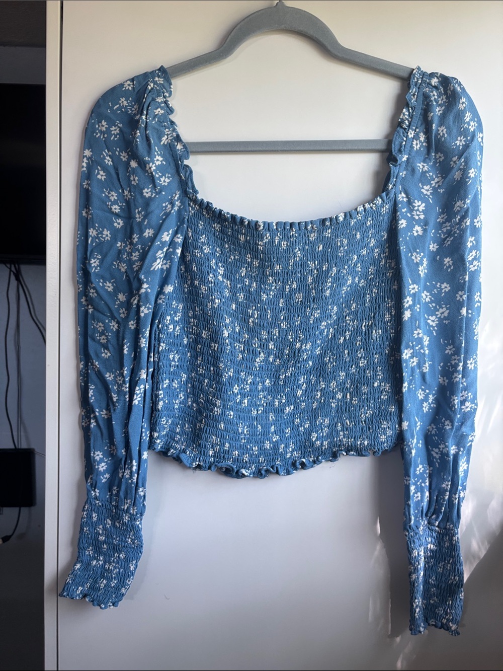 Reformation Blue White Floral Smocked Square-Neck Top